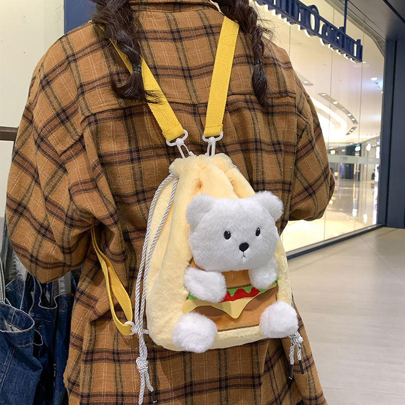 日系卡通毛绒公仔汉堡熊小背包女