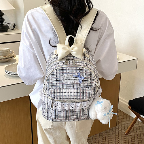 韩系甜美格纹蝴蝶结女学生双肩包