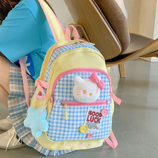 日系ins可爱多巴胺哈喽kitty格子双肩包通勤百搭背包少女学生书包