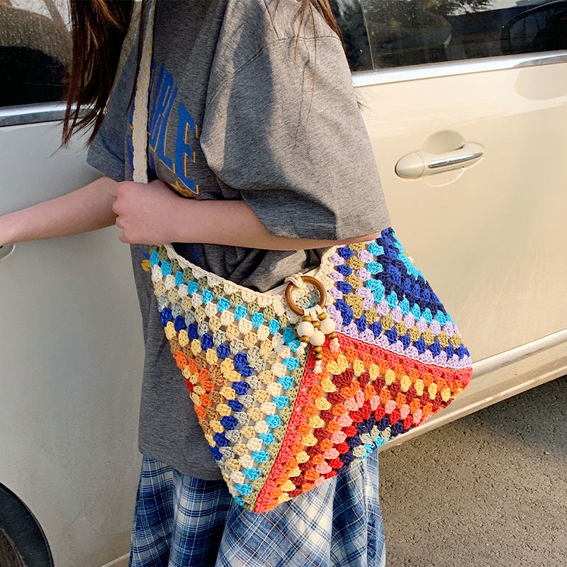 波西米亚风彩色手工编织包女大容量海边度假沙滩包通勤单肩托特包