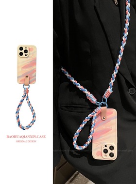 韩风涂鸦油画适用iPhone14plus苹果13手机壳12pro小众高级11promax新款mini编织手绳i可背斜挎p女潮文艺轻奢