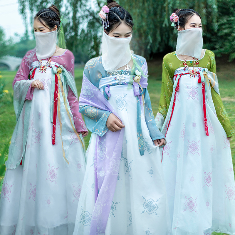 汉服【唐沫】原创坦领上衣一片式齐胸襦裙破裙印花唐制夏季薄款