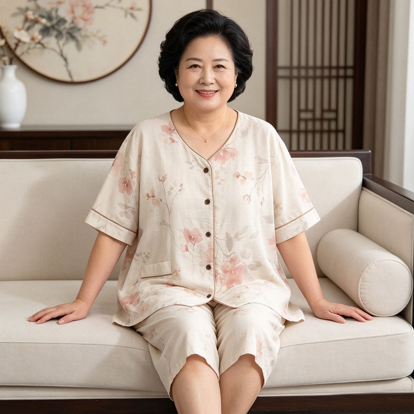 大码女士家居服200斤中老年妈妈棉麻睡衣夏季薄款短袖七分裤套装