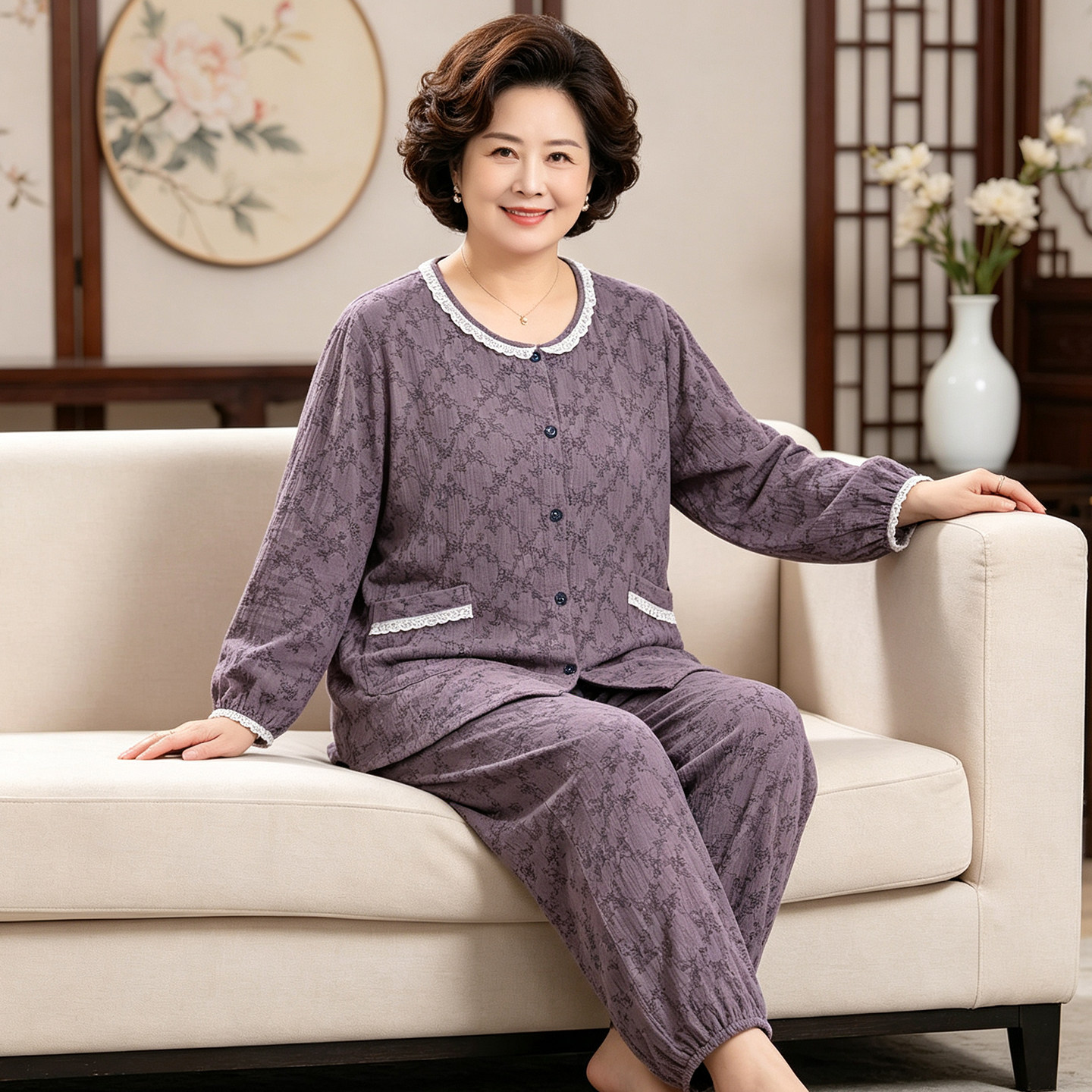 棉纱大码女装妈妈加肥加大睡衣纯棉中老年春秋款家居服200斤全棉