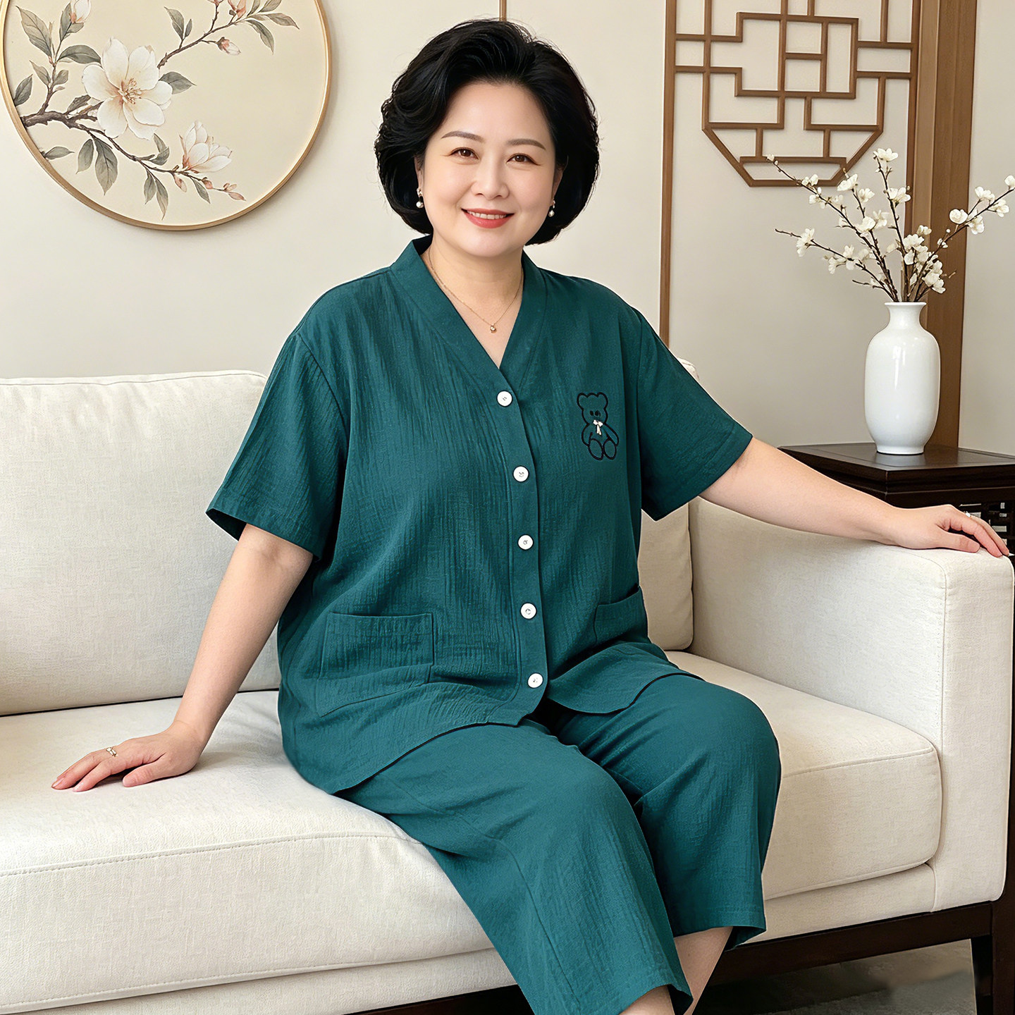 棉纱大码女装睡衣夏加肥加大200斤中老年妈妈纯棉家居服全棉夏天