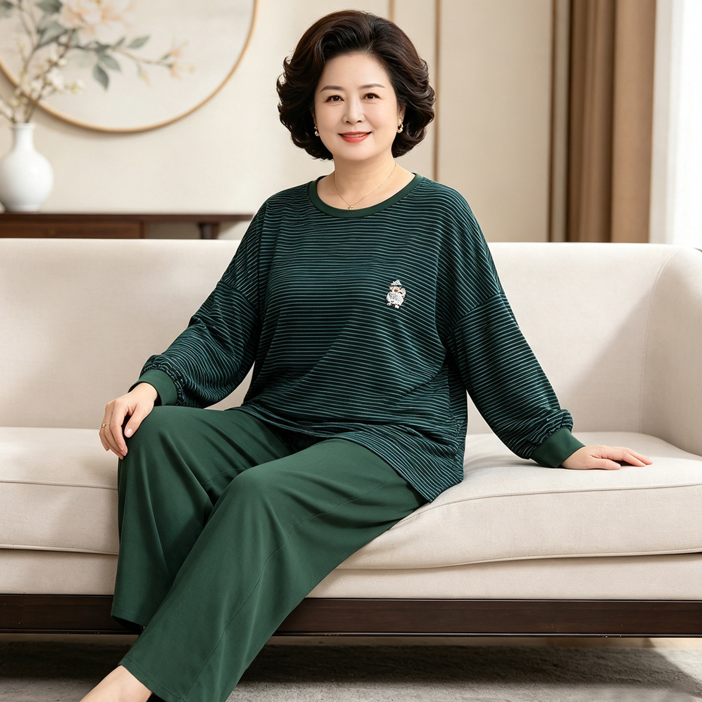 200斤大码女装妈妈加肥加大睡衣纯棉春秋款条纹家居服中老年全棉