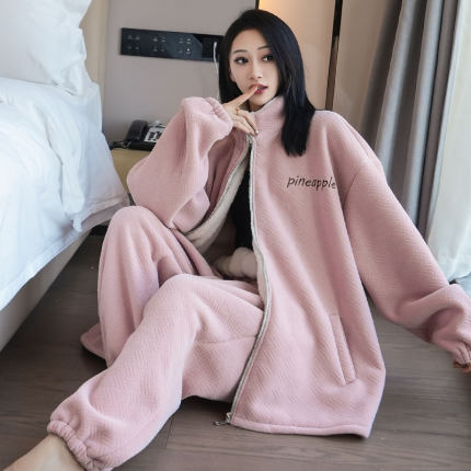 胖妈妈冬季珊瑚绒睡衣女大码200斤秋冬加绒加厚保暖中老年家居服