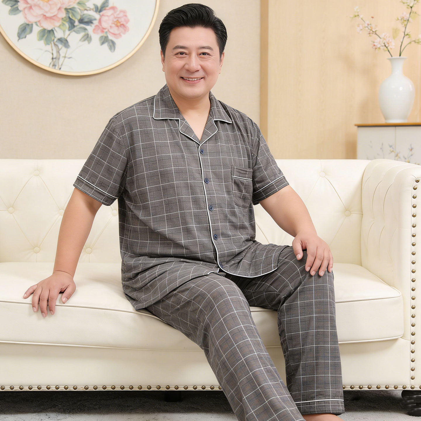 夏季男士睡衣大码加大加肥200斤中老年爸爸短袖长裤棉家居服春夏