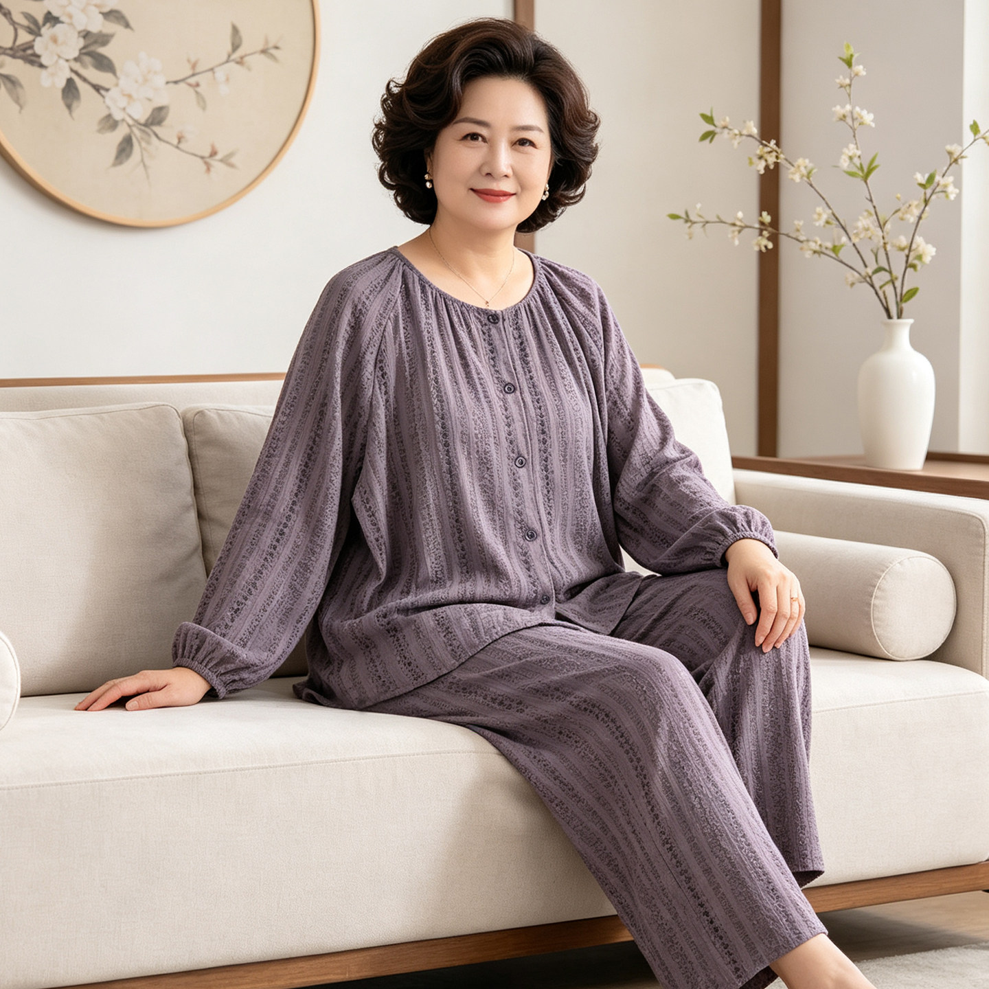 中老年妈妈睡衣女大码200斤纯棉双层纱老年人长袖家居服春秋棉纱