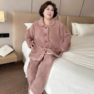 加绒加厚珊瑚绒家居服中老年 妈妈加肥加大睡衣200斤冬季 大码 女装