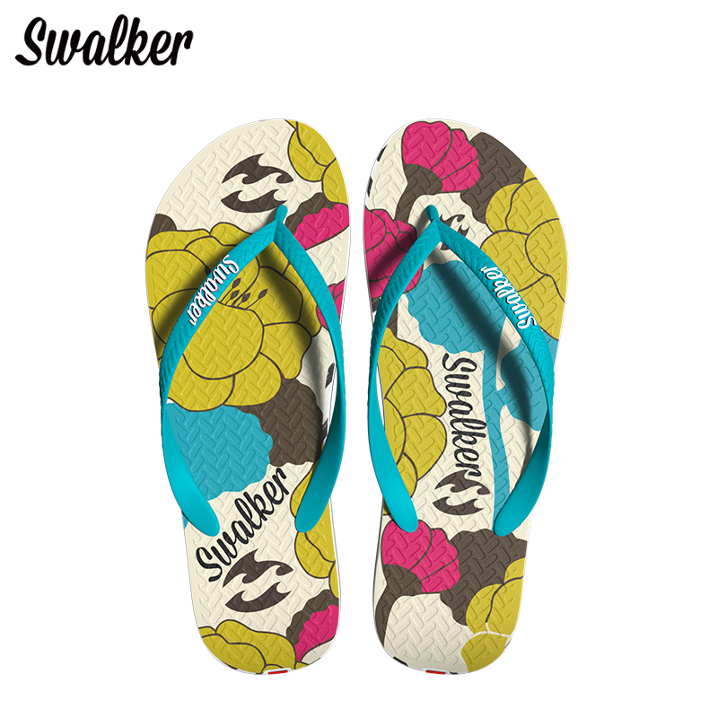 Swalker印花人字拖女夏季外穿防滑夹板夹脚拖鞋游泳海边沙滩鞋