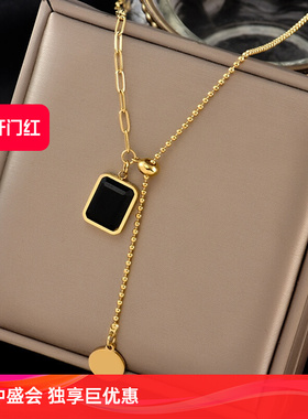 复古祖母绿黑色几何方块拼接项链锁骨链小众可调节冷淡风钛钢颈链