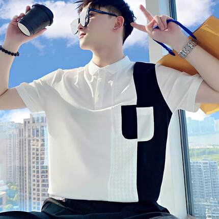 夏季拼接POLO衫短袖男韩版潮流撞色T恤男装2025新款夏装半袖上衣