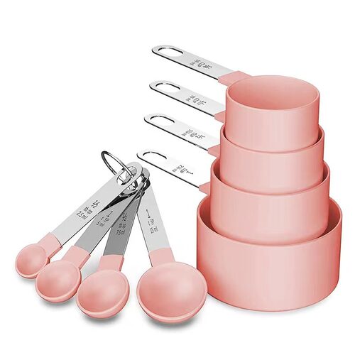 现货不锈钢手柄量杯量勺 8八件套烘焙量匙带刻度塑料量杯量勺套装