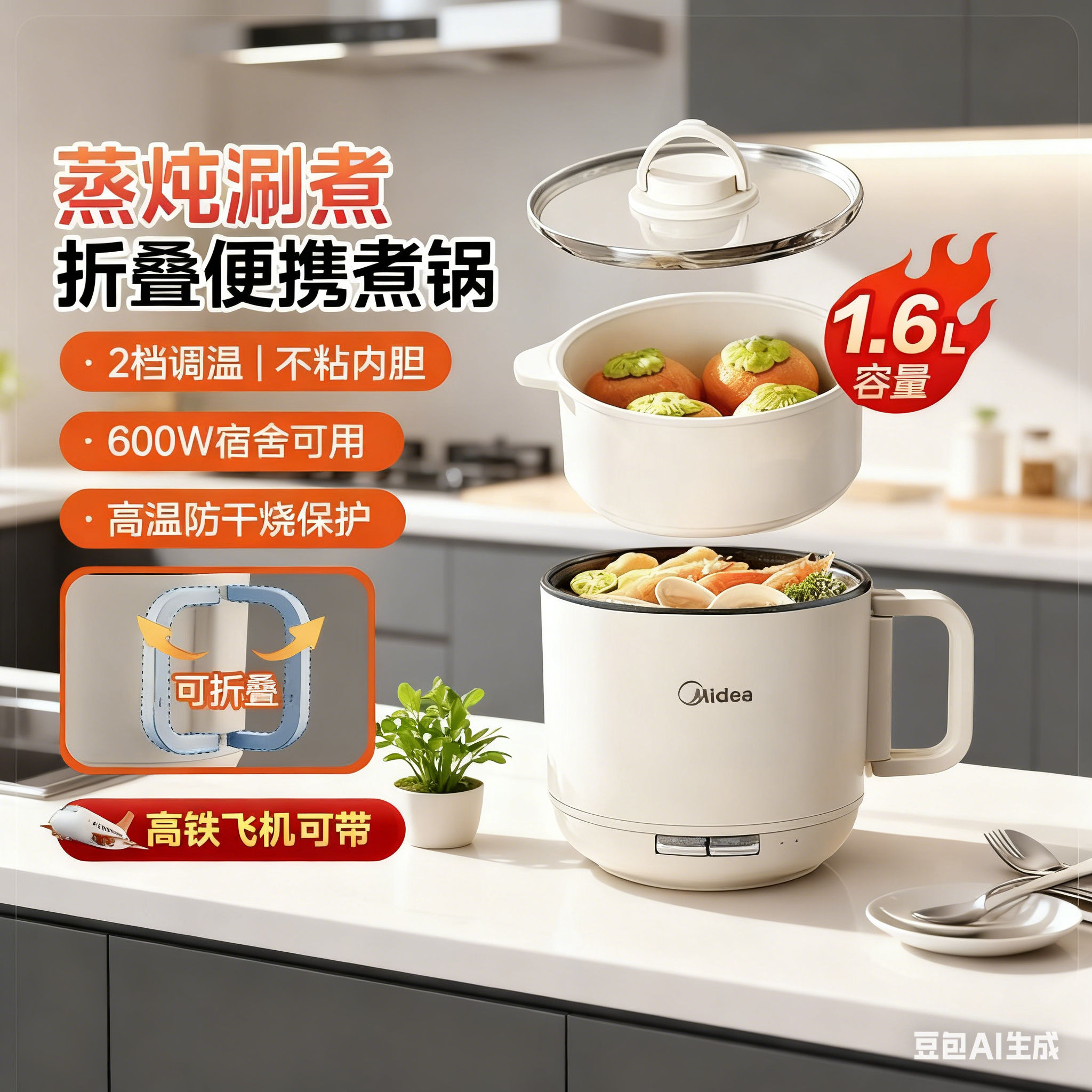 国补15%]美的折叠便携电煮锅1621