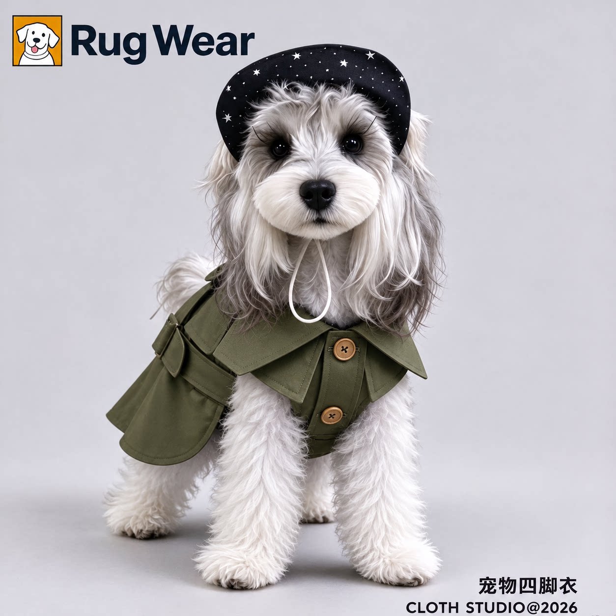 宠物四脚衣狗狗冬装加厚保暖防水军绿色纽扣装饰小型犬防掉毛
