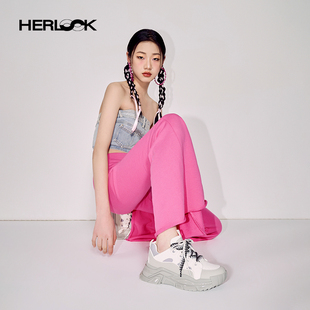 HERLOOK双鞋带拼色老爹鞋女复古小众设计感防滑增高厚底休闲鞋