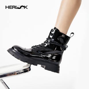 HERLOOK机能风厚底马丁靴女黑色真皮增高防滑平底复古个性瘦瘦靴