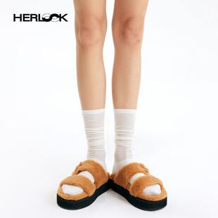 HERLOOK双条带毛毛拖鞋女外穿时尚法式慵懒棕色增高厚底一字拖