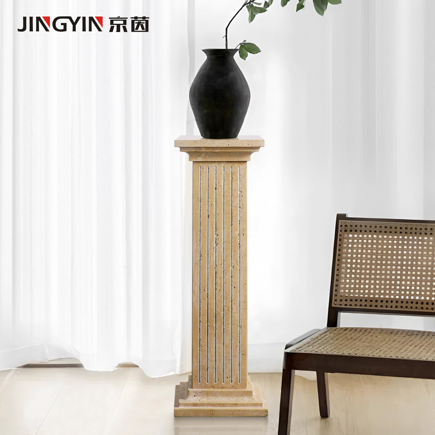 侘寂风天然洞石罗马柱雕塑底座