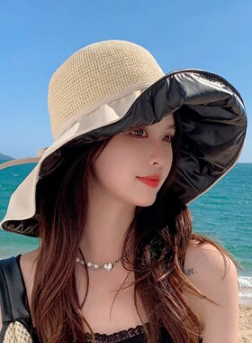 夏季新款黑胶防晒遮阳帽子女高级感遮脸海边可折叠大檐草编渔夫帽