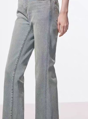 MO牛仔裤设计感侧缝前移微弹棉质浅蓝色中腰微喇拖地摩安