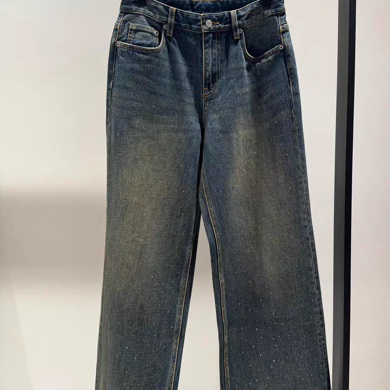 正品2025冬新品怀旧靛蓝棉质渐变烫钻中高腰直筒牛仔裤MBE4JEN015