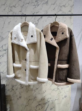 MO正品外套2025冬新品复古游牧毛绒拼接宽松高领厚实大衣E4COT022