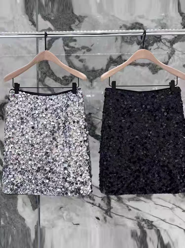 正品半身裙2025冬新品精工珠片叠绣中腰膝上直筒短裙MBE4SKT017