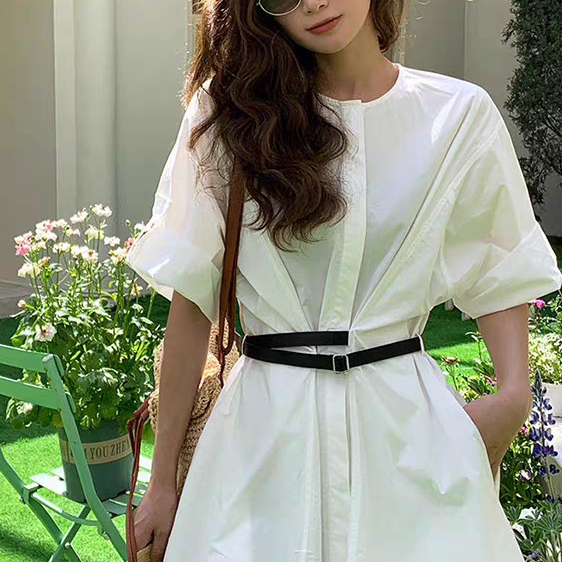 MO衬衫连衣裙2025春新品简白棉质解构卷袖廓形附腰带宽松气质S045