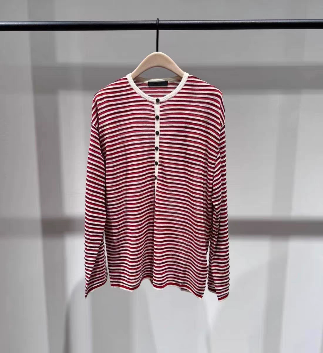 正品针织衫2026春新品棉麻竹节纱条纹宽松半开襟罩衫MBF1SWT059