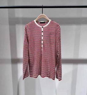 正品针织衫2026春新品棉麻竹节纱条纹宽松半开襟罩衫MBF1SWT059