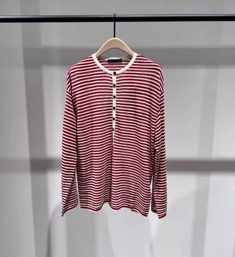 正品针织衫2026春新品棉麻竹节纱条纹宽松半开襟罩衫MBF1SWT059