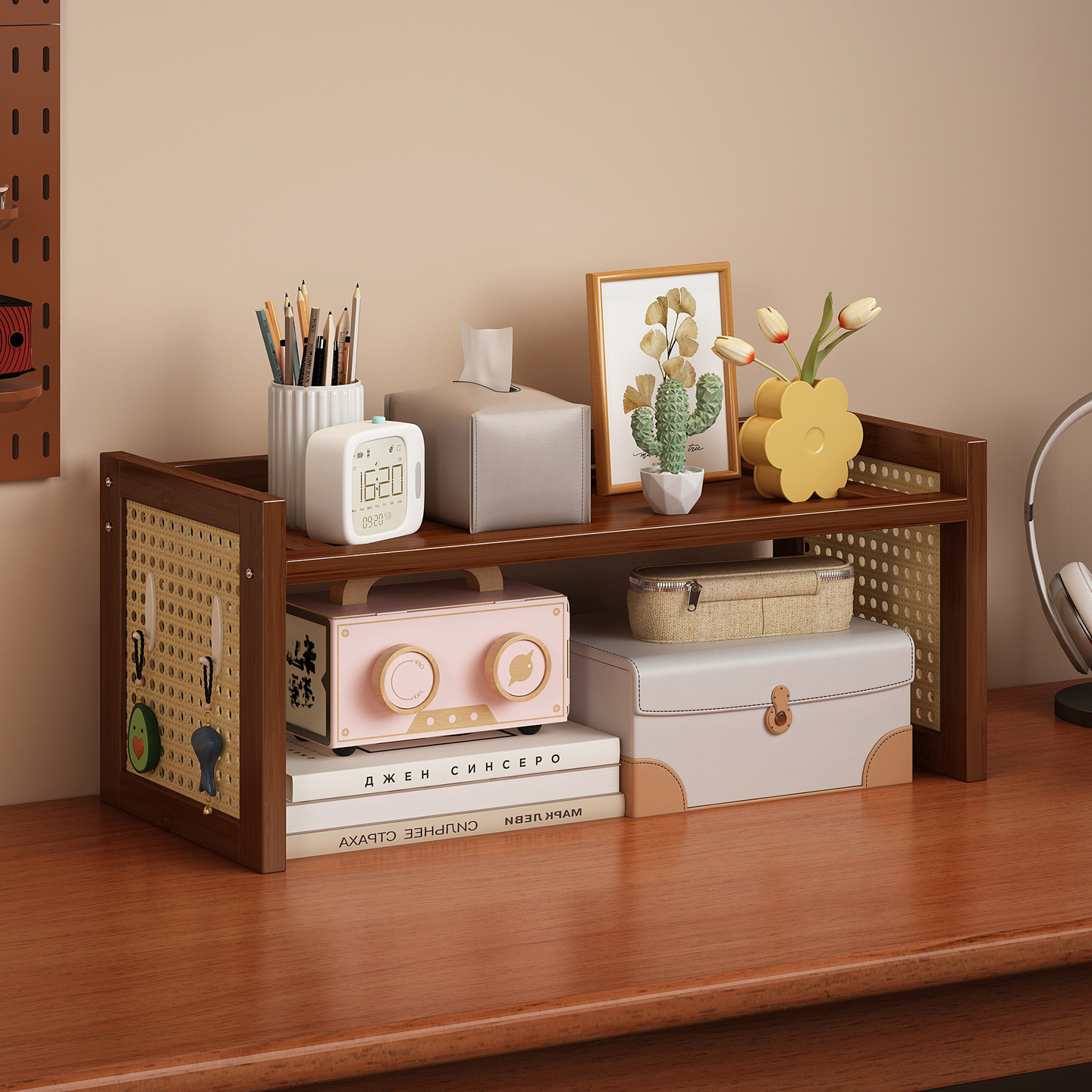 【塑藤洞洞板送挂钩】桌面书架