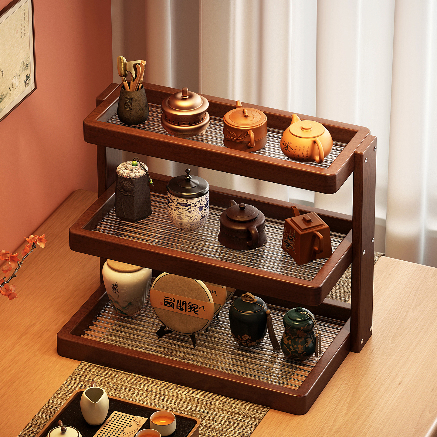 【加厚加固进口橡胶木】桌面杯架