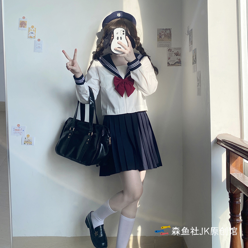 森鱼社白黑三本JK基础款正品水手服套装不良日系长袖短袖中间服女 女装/女士精品 学生校服 原图主图