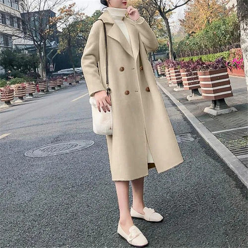 毛呢外套女春季新款女士宽松显瘦杏色长呢子大衣