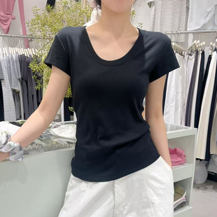 显瘦上衣港风爆款 黑色U领短袖 通勤修身 正肩t恤女2025夏季 体恤 新款
