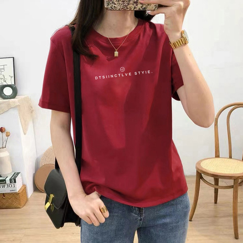 短袖复古红色简约字母纯棉t恤女