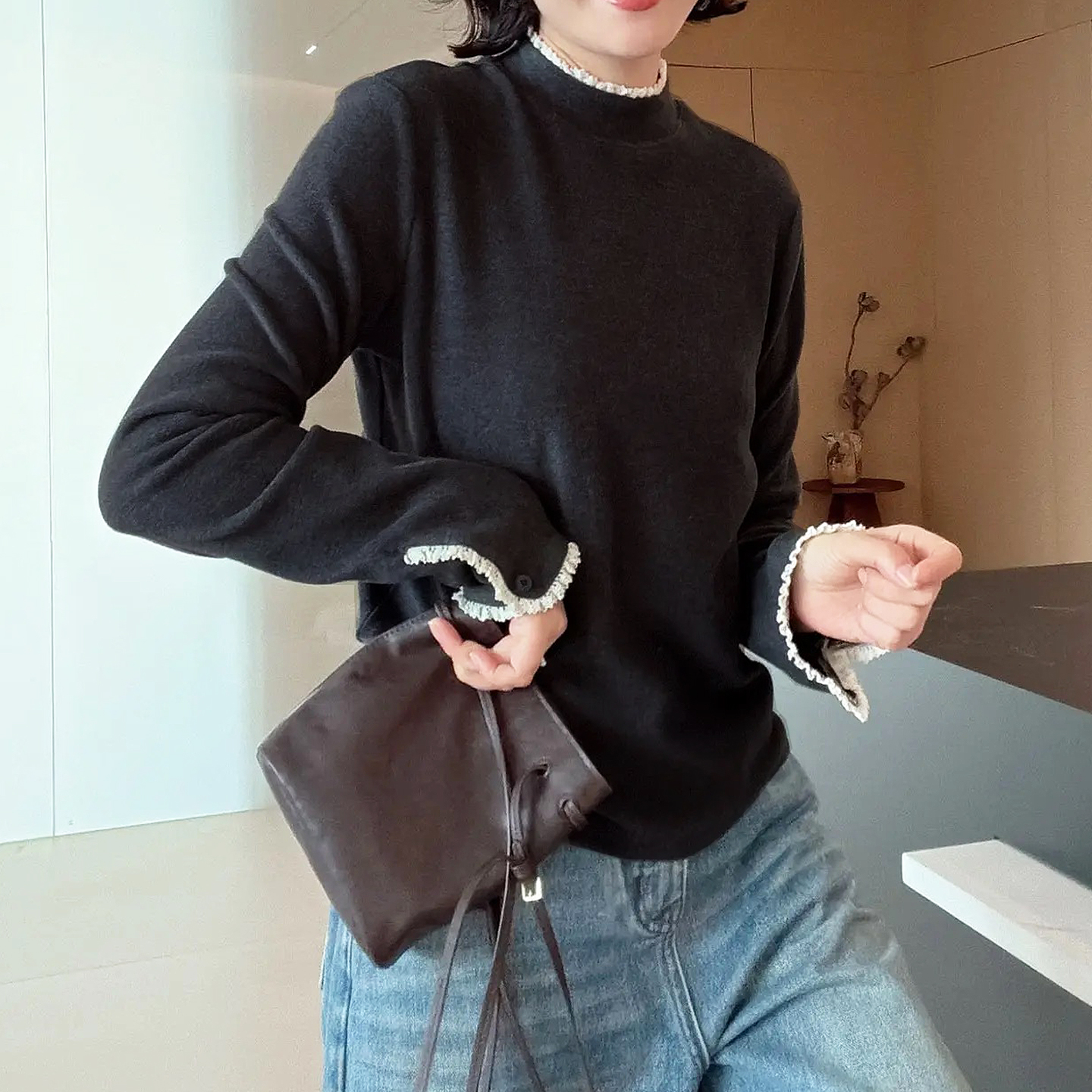 拼接蕾丝花边港风长袖t恤女士磨毛保暖上衣秋冬爆款半高领打底衫