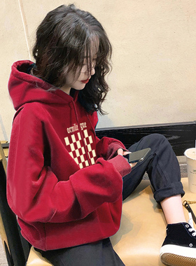 红色棋盘格连帽卫衣女秋冬2025新款加绒港风chic外套宽松小众上衣
