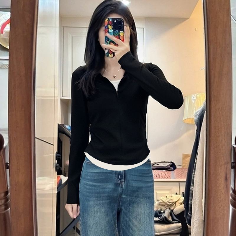 长袖黑色捏褶显瘦拉链假两件t恤