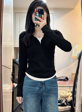 黑色捏褶显瘦拉链半开领长袖t恤女2025秋冬新款假两件打底衫上衣