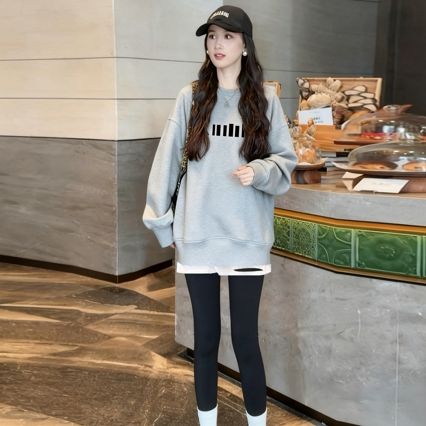 休闲简约假两件卫衣女2025秋冬新款灰色中长款配鲨鱼裤上衣外套潮