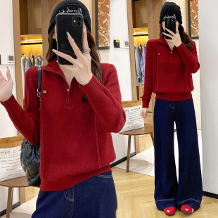 2025新年设计感红色半拉链毛衣针织打底衫 上衣内搭 女秋冬加厚爆款