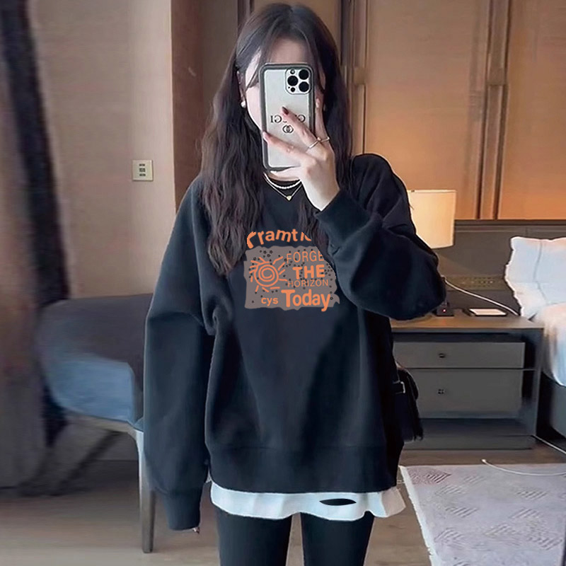 港风黑色中长款显瘦假两件卫衣女