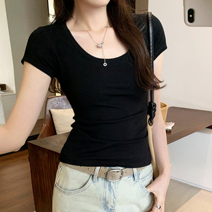 韩系辣妹U领正肩短袖 纯色上衣显瘦黑色体恤 女2025夏季 简约基础款