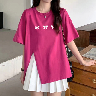 短袖学生开叉蝴蝶结纯棉t恤女潮