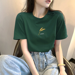显瘦半袖 小众t恤女2025新款 洋气韩版 夏季 绿色超火上衣潮 纯棉短袖
