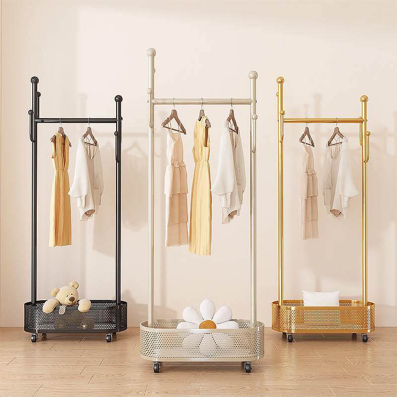 可移动式带轮衣帽架落地卧室衣服挂架奶油风铁艺衣架脏衣篓挂衣架